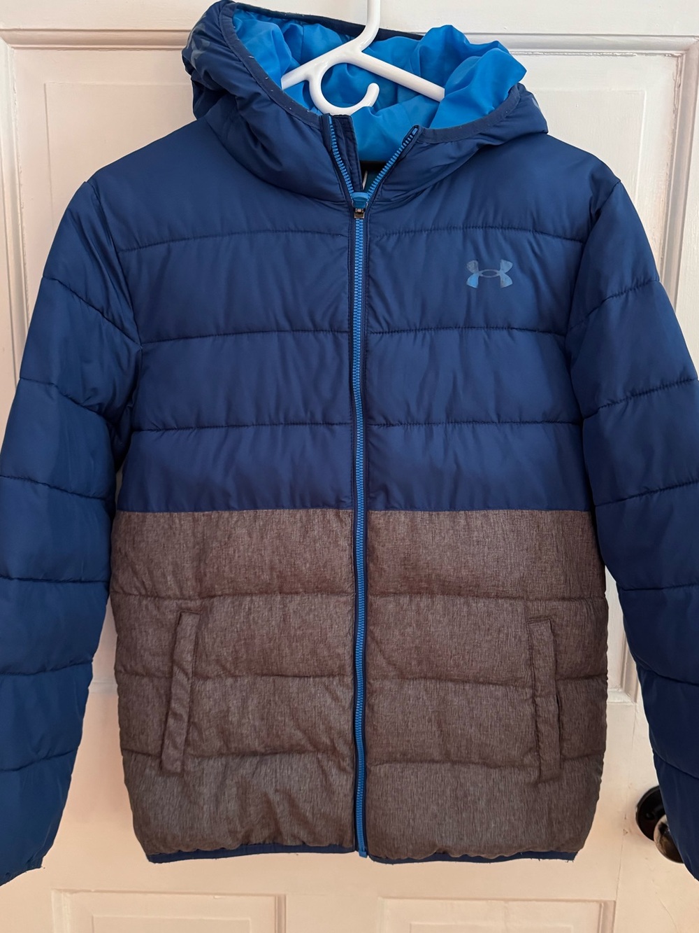 Under Armour Boys Pronto Colorblock Puffer Jacket Youth Large YLG Blue Gray Coat
